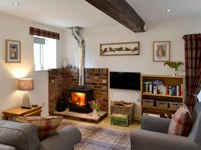 a living room with a fireplace and a tv at Farmhouse Cottage - Uk1285 in Westward