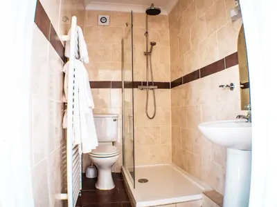 a bathroom with a shower and a toilet and a sink at Rosslyn in Douglas
