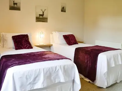 two beds sitting next to each other in a room at Brae Cottage in Kelton