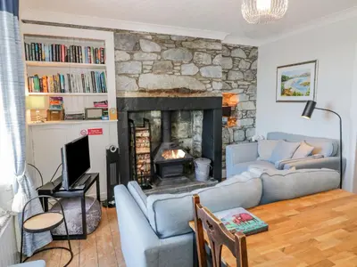a living room with a couch and a fireplace at Greystones in Newton Stewart