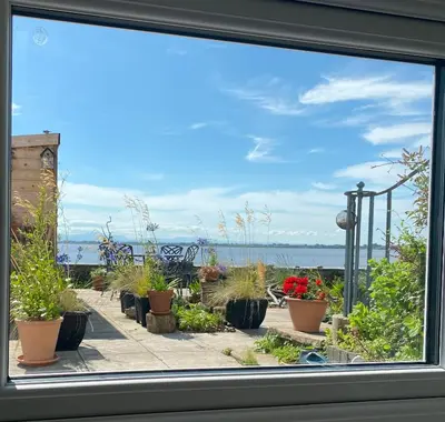 a window view of a garden with potted plants at The Waterside Rooms in Annan