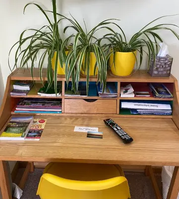 a wooden table with two potted plants on top at The Waterside Rooms in Annan