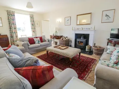 a living room with couches and a fireplace at Marl House in Newton Stewart