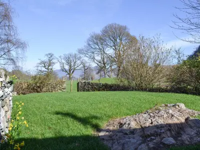 a field of grass with a stone wall and trees at Field House Lodge in Borrowdale Valley