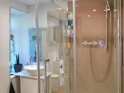 a bathroom with a glass shower with a sink at Honeysuckle Cottage in Springside