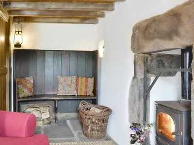 a living room with a fireplace and a red chair at Springlea Cottage in Dean