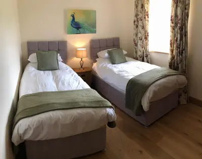 a bedroom with two beds and a window at Pant Farmhouse in Ayr