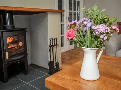 a vase of flowers on a table with a stove at Corsewall Castle Farm Lodges in Stranraer