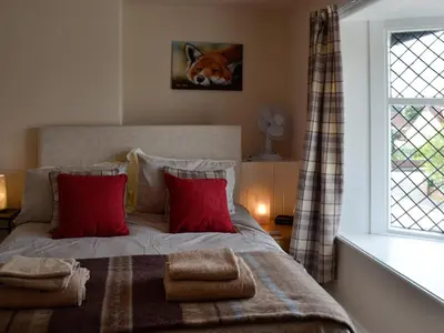 a bedroom with a bed with red pillows and a dog picture at Curlew Cottage in Creetown