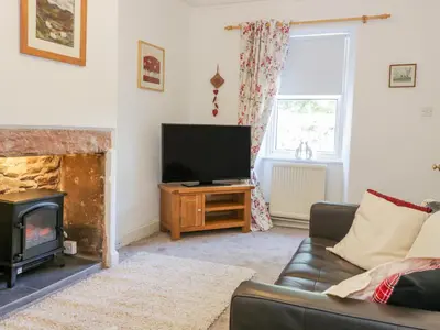 a living room with a fireplace and a television at Daisy Cottage in Moffat