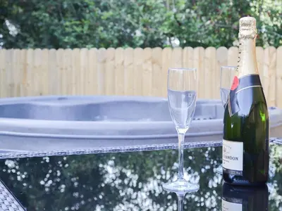 a bottle of champagne and a wine glass on a table at Curlew in Westward