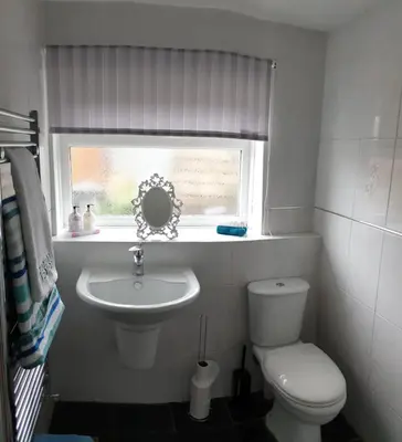 a bathroom with a toilet and a sink and a window at Mona Villa Holiday Home in Coulderton