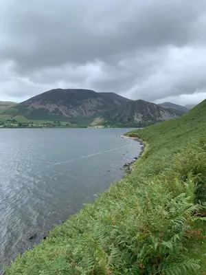 a grassy hill next to a body of water at Rose Cottage in Wigton
