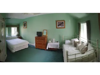 a green bedroom with two beds and a dresser at The Old Rectory in Annan