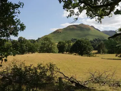 a field of grass with a mountain in the background at Stair Cottage in Keswick