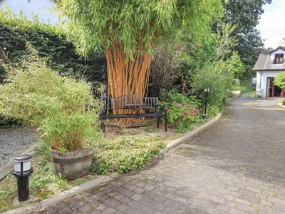 a bench sitting under a tree next to a street at Stonegarth Cottage in Ambleside