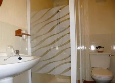 a bathroom with a sink and a shower and a toilet at Somerton House Hotel in Lockerbie