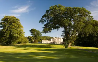 a tree on a golf course with a house in the background at Cally Palace Hotel & Golf Course in Gatehouse of Fleet