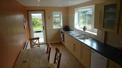 a kitchen with a table and a sink and two windows at Bonshawbrae in Kirtlebridge