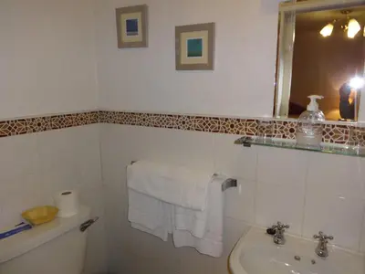 a bathroom with a sink and a toilet and a mirror at Aberdour Guest House in Dumfries