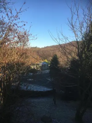 a view of a house on a hill with trees at STUNNING LODGE - HOME FROM HOME Kippford, Dalbeattie in Dalbeattie