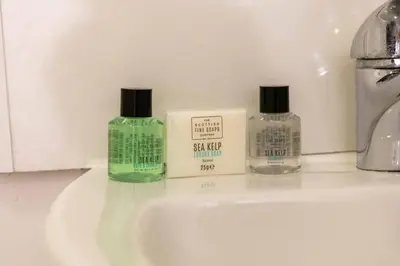 two bottles of soap next to a bathroom sink at Elliot Suite No 1 - Donnini Apartments in Ayr