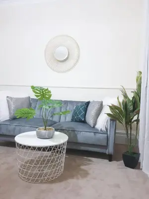 a living room with a blue couch and two potted plants at Oaktree Appartment Moffat in Moffat
