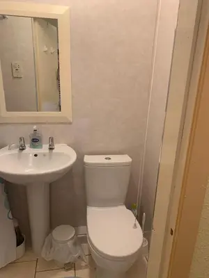 a bathroom with a white toilet and a sink at The Clan Boyd Room in Kilmarnock