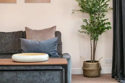 a living room with a couch and a table with a plant at Elliot Suite No7 - Donnini Apartments in Ayr