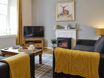 a living room with two chairs and a fireplace at Buckle House in Gatehouse of Fleet