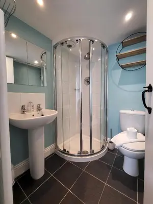 a bathroom with a shower and a sink and a toilet at Juniper HAYLOFT Grasmere in Ambleside