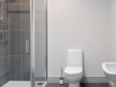 a bathroom with a toilet and a shower at The School House in New Luce