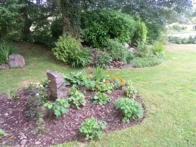 a garden with flowers and a rock in the grass at Craignair Cottage in Dalbeattie