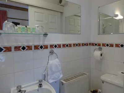 a bathroom with a sink and a mirror at Dumfries Villa in Dumfries