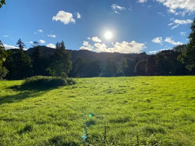a field of green grass with the sun in the sky at Marys Cottage, Grasmere, Dog Friendly, Hot Tub in Grasmere