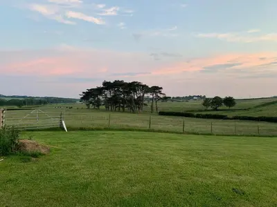 a field with a fence and a tree in the distance at Butterfly Cabin in Millom