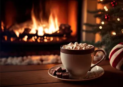 a cup of coffee with marshmallow in front of a fireplace at Buttermere Court Hotel in Buttermere