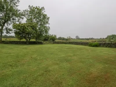a large field with trees and a stone wall at Faldarroch Farm in Newton Stewart