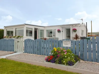 a house with a blue fence and flowers at Sandpiper in Dumfries