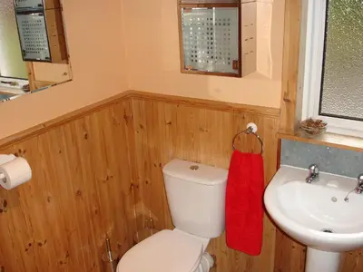 a bathroom with a white toilet and a sink at RoSE COTTAGE THREE BEDROOM HOUSE WITH PARKING Christmas Special in Carsphairn