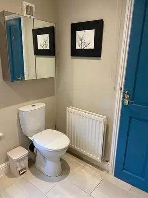 a bathroom with a white toilet and a mirror at Kezbah2 22 the square centre of Dalston village in Dalston