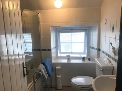 a bathroom with a toilet and a sink and a window at Garden Cottage in Threlkeld