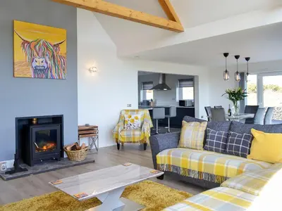 a living room with a couch and a fireplace at Dinduff Lodge in Challoch