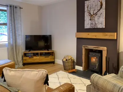 a living room with a fireplace and a tv at Terraughtie Cottage East-Uk31767 in Terreglestown
