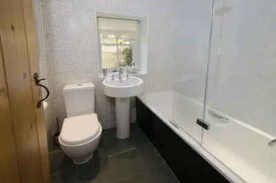 a bathroom with a toilet and a sink and a shower at Barnhowe, Elterwater in Chapel Stile