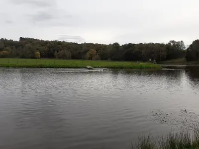 a large body of water with trees in the background at Cottage at Inch Farm solitude beside the River in Longtown