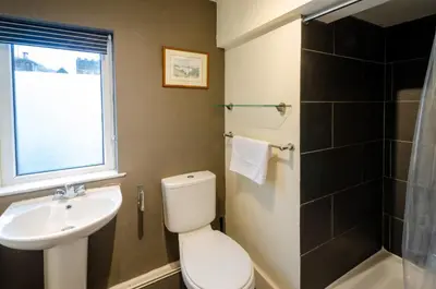 a bathroom with a toilet and a sink and a shower at Langdale Hideaway in Chapel Stile