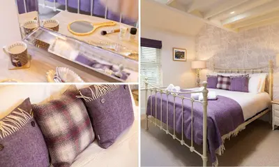 a collage of three pictures of a bedroom at Crow Cottage in Keswick