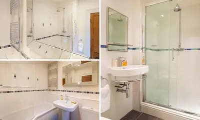 two pictures of a bathroom with a sink and a shower at Crow Cottage in Keswick