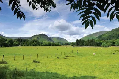 a field of green grass with mountains in the background at Low Croft Cottage in Grasmere